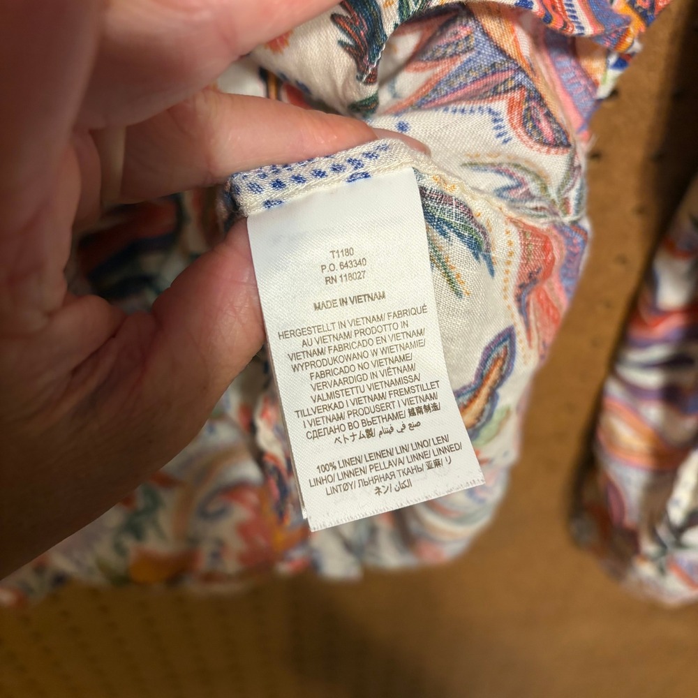 Boden Linen Button Down Shirt 8 White Orange Paisley Pineapple Tropical Sienna - Picture 4 of 6